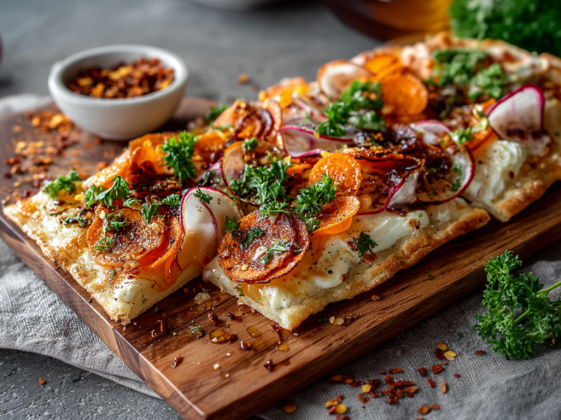 Ein großes Holzbrett, auf dem ein Flammkuchen mit Karotten und Radieschen liegt. Der Flammkuchen ist in kleine Stücke aufgeschnitten und mit frischer Petersilie garniert. Das Holzbrett steht auf einem Tischuntersetzer aus Stoff. Auf dem Holzbrett steht außerdem eine Schale mit Chiliflocken. Im Hintergrund liegen zwei Radieschen und ein großer Bund frische Petersilie herum.