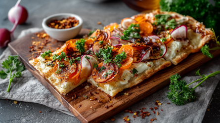 Ein großes Holzbrett, auf dem ein Flammkuchen mit Karotten und Radieschen liegt. Der Flammkuchen ist in kleine Stücke aufgeschnitten und mit frischer Petersilie garniert. Das Holzbrett steht auf einem Tischuntersetzer aus Stoff. Auf dem Holzbrett steht außerdem eine Schale mit Chiliflocken. Im Hintergrund liegen zwei Radieschen und ein großer Bund frische Petersilie herum.