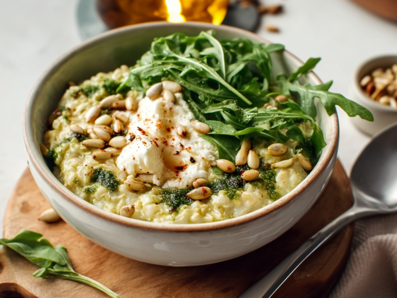 Eine Schale Frischkäse-Porridge steht auf einem runden Holzbrett. Es ist mit Rucola, Frischkäse und Pinienkernen zubereitet. rechts neben der Schale liegt ein Löffel halb auf einem Tuch. Darüber steht ein Schälchen mit Nüssen, in der Mitte im oberen Teil des Bildes sieht man eine Flasche Öl.