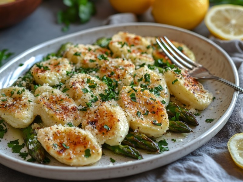 Teller mit gebratenen Gnocchi mit Parmesan und Spargel