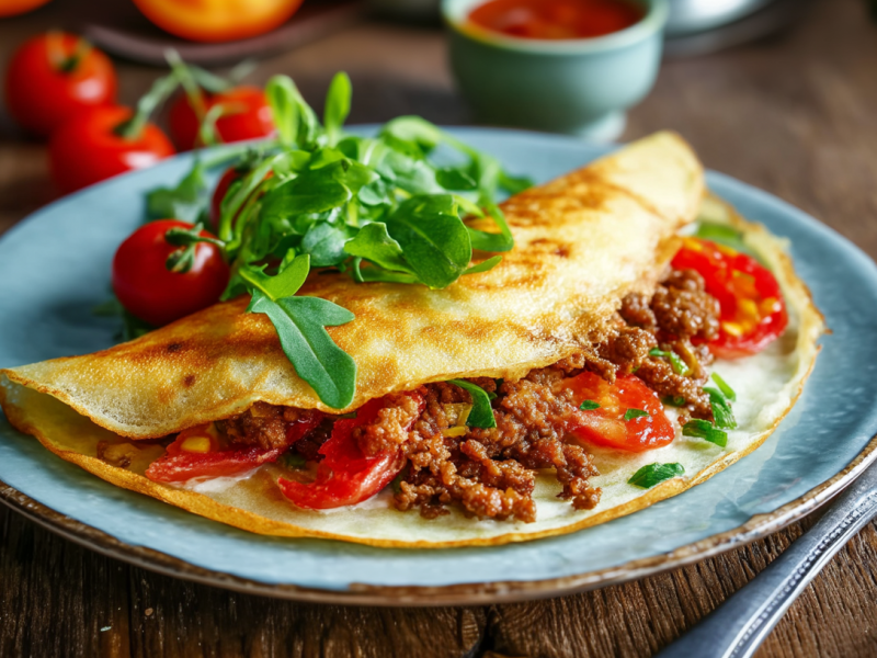 Pfannkuchen mit Hackfleisch-Füllung mit Gemüse auf einem blauen Teller.