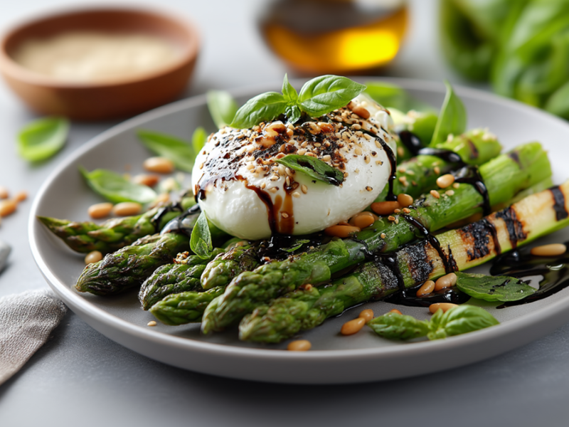 Ein großer Teller mit gegrilltem Spargel mit Burrata. Im Hintergrund kann man frisches Basilikum, eine Holzschale und ein Glasgefäß mit Öl erkennen.