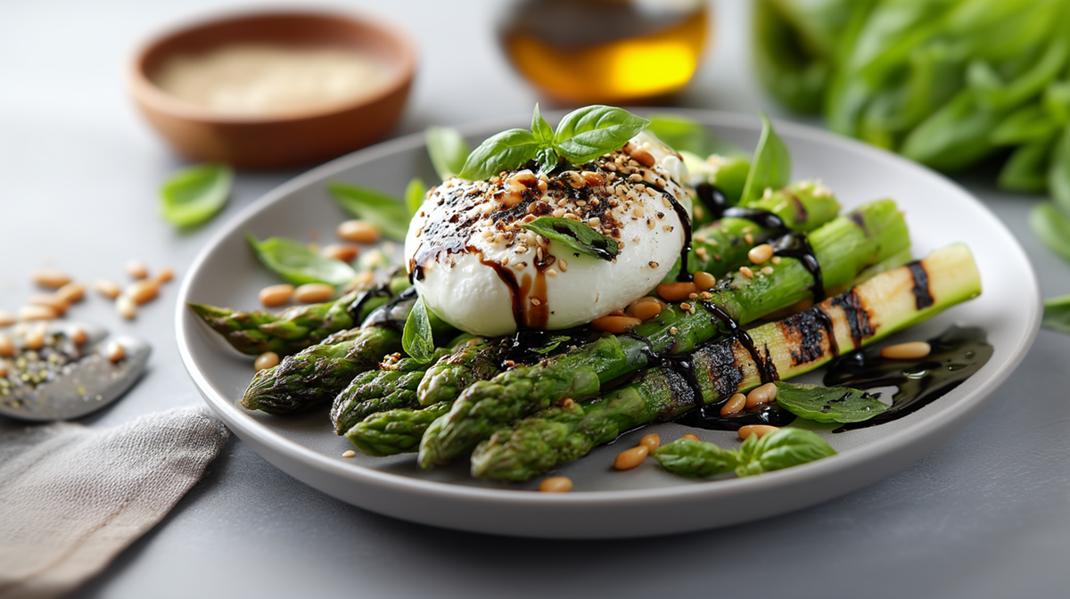 Ein großer Teller mit gegrilltem Spargel mit Burrata. Im Hintergrund kann man frisches Basilikum, eine Holzschale und ein Glasgefäß mit Öl erkennen.