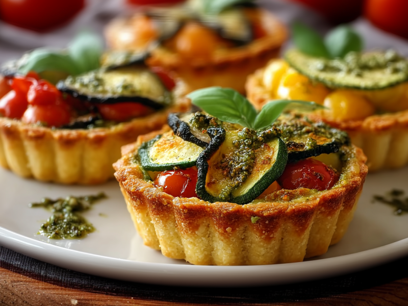 Vier Gemüse-Tartelettes stehen auf einem weißen Teller. Sie sind mit Zucchini, Pesto, Tomaten und Basilikum zubereitet. Im Hintergrund sieht man mehrere große Tomaten.