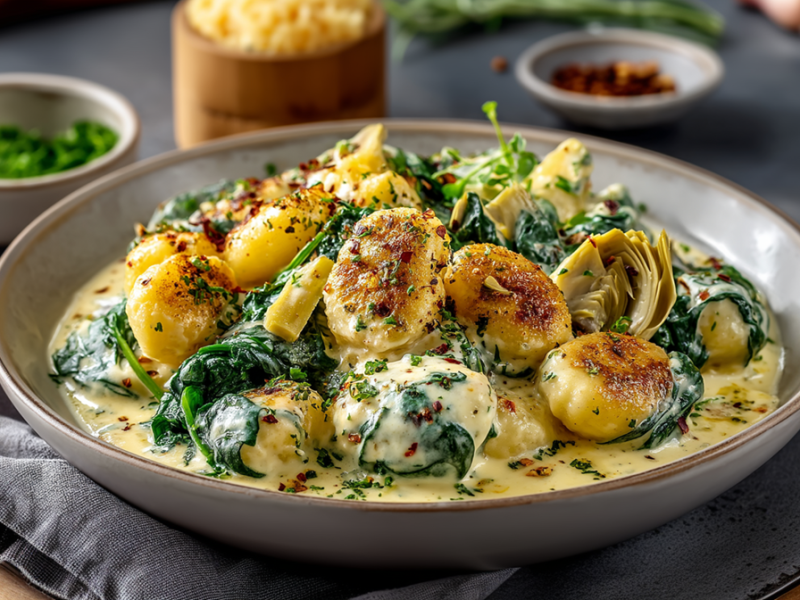 Ein Teller mit einer Portion Gnocchi-Pfanne mit Artischocken und Spinat. Der Teller steht auf einer Stoffserviette auf einem runden Holzbrett. Im Hintergrund sind verschiedene Schalen zu erkennen mit Chiliflocken, frischen Kräutern, geriebenem Käse.