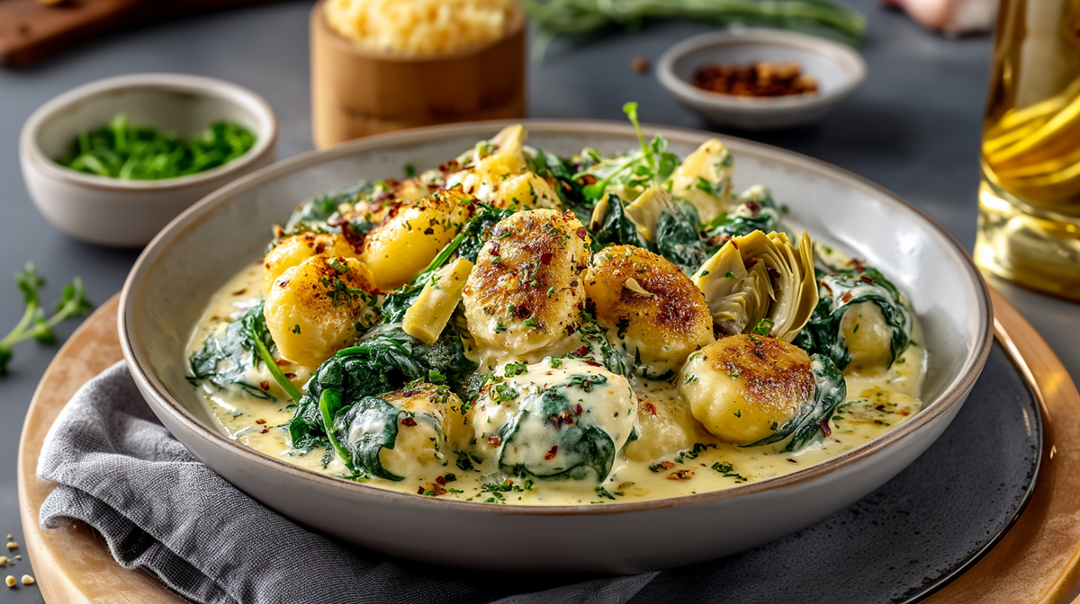 Ein Teller mit einer Portion Gnocchi-Pfanne mit Artischocken und Spinat. Der Teller steht auf einer Stoffserviette auf einem runden Holzbrett. Im Hintergrund sind verschiedene Schalen zu erkennen mit Chiliflocken, frischen Kräutern, geriebenem Käse.