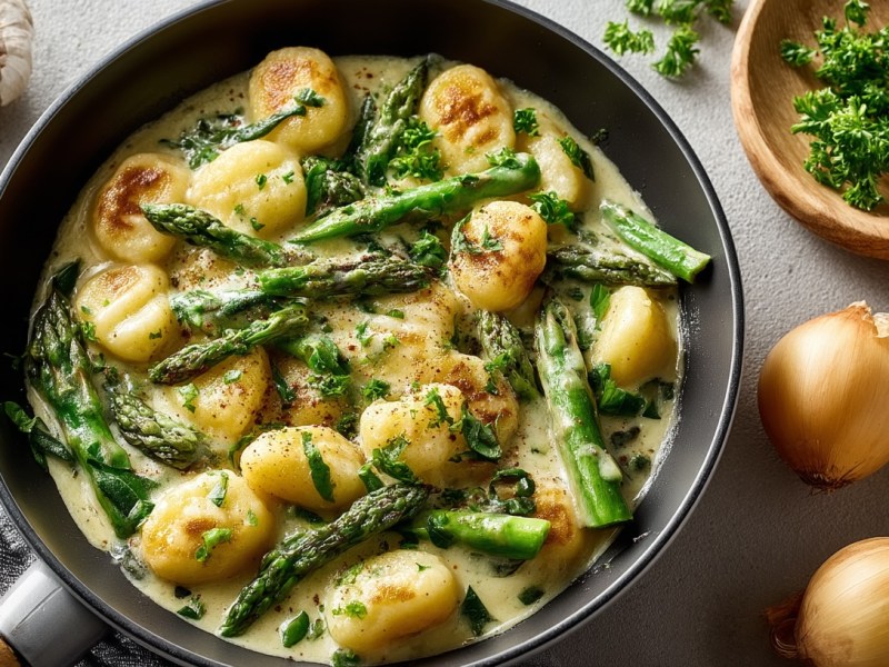 Gnocchi-Pfanne mit grünem Spargel in cremiger Soße. Drumherum frische Zutaten wie Petersilie und Zwiebeln. Draufsicht.