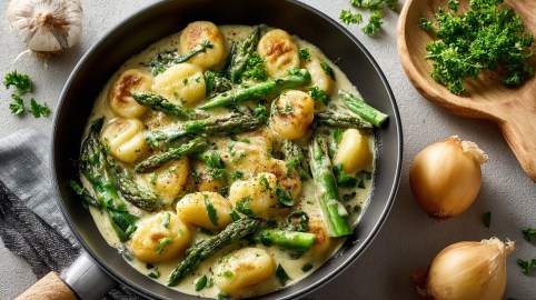 Gnocchi-Pfanne mit grünem Spargel in cremiger Soße. Drumherum frische Zutaten wie Petersilie und Zwiebeln. Draufsicht.