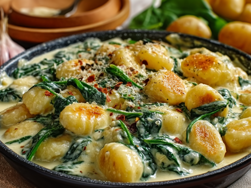 Gnocchi-Pfanne mit Spinat und Gorgonzola.