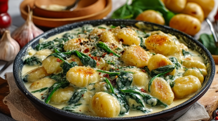 Gnocchi-Pfanne mit Spinat und Gorgonzola.