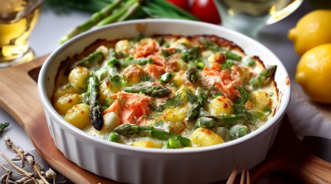 Auflaufform mit Gnocchi-Spargel-Auflauf mit Lachs auf einem Tisch, Zutaten darum
