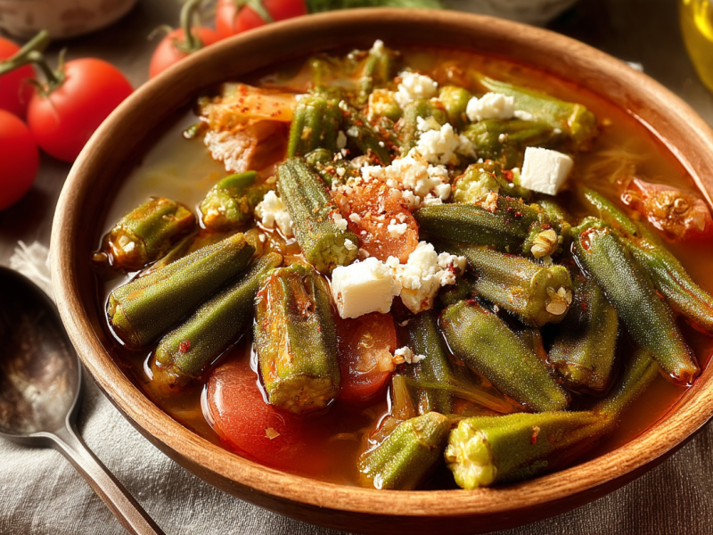Eine Tonschüssel Bamies Laderes: griechischer Okra-Eintopf.