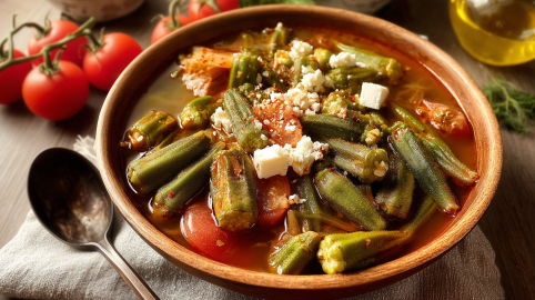 Eine Tonschüssel Bamies Laderes: griechischer Okra-Eintopf.