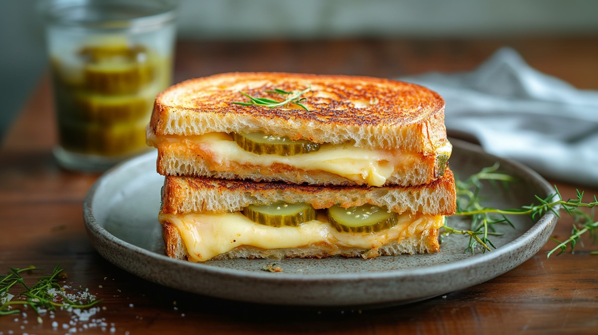 Teller mit zwei Grilled Cheese Sandwich mit eingelegten Gurken