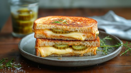 Teller mit zwei Grilled Cheese Sandwich mit eingelegten Gurken