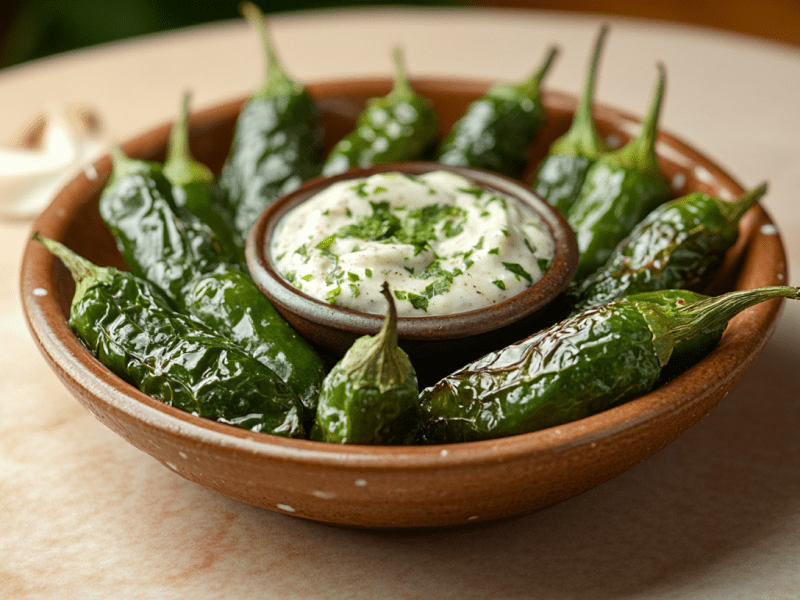 Eine Schale mit Pimientos de Padrón auf einem schlichten Tisch. In der Mitte der Schale steht ein Schälchen mit Knoblauchdip. Um die Schale verteilt liegen ein paar Knoblauchzehen.