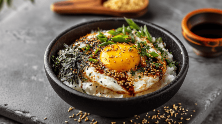 Eine Schüssel Gyeran Bap, einem koreanischen Reis mit gebratenem Spiegelei. Alles ist mit geschnittenen Frühlingszwiebeln, Sesam, Sojasoße und Nori garniert. Um die Schüssel liegen ein paar Sesamkörner verstreut. Außerdem ist ein Holzlöffel mit Sesam im Hintergrund zu sehen, genauso wie eine Schale mit Sojasoße.