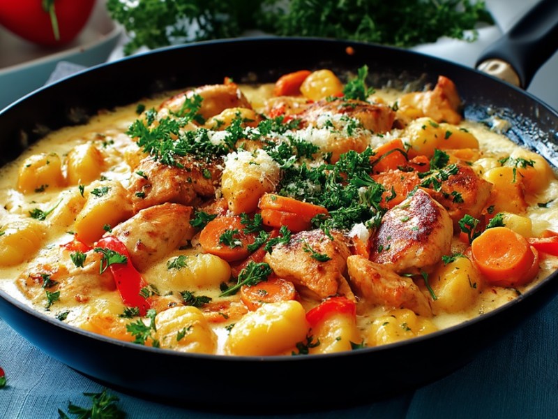 Eine Hähnchen-Gnocchi-Pfanne mit cremiger Soße sowie Paprika und Karotten. Das Gericht ist mit frischer Petersilie und etwas Parmesan garniert. Die Pfanne steht auf einem blauen Küchenhandtuch. Im Hintergrund kann man eine weiße Schale mit Tomaten erkennen und ein Bund Petersilie liegt herum.