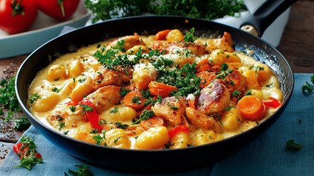 Eine Hähnchen-Gnocchi-Pfanne mit cremiger Soße sowie Paprika und Karotten. Das Gericht ist mit frischer Petersilie und etwas Parmesan garniert. Die Pfanne steht auf einem blauen Küchenhandtuch. Im Hintergrund kann man eine weiße Schale mit Tomaten erkennen und ein Bund Petersilie liegt herum.