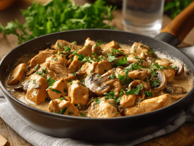 Eine Pfanne mit Hähnchen Stroganoff auf einem Küchentuch. Das Gericht ist mit Hähnchenstücken, Pilzen und frischer Petersilie zubereitet. Neben der Pfanne liegt ein Holzlöffel. Im Hintergrund sieht man noch Knoblauchknollen sowie mehr Petersilie.