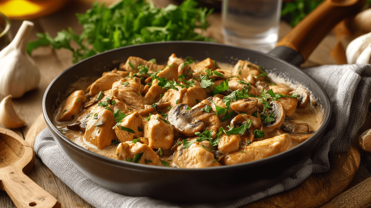 Eine Pfanne mit Hähnchen Stroganoff auf einem Küchentuch. Das Gericht ist mit Hähnchenstücken, Pilzen und frischer Petersilie zubereitet. Neben der Pfanne liegt ein Holzlöffel. Im Hintergrund sieht man noch Knoblauchknollen sowie mehr Petersilie.