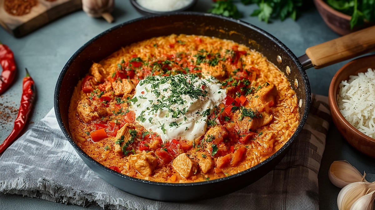 Hähnchen-Paprika-Pfanne mit Reis