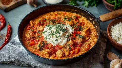 Hähnchen-Paprika-Pfanne mit Reis