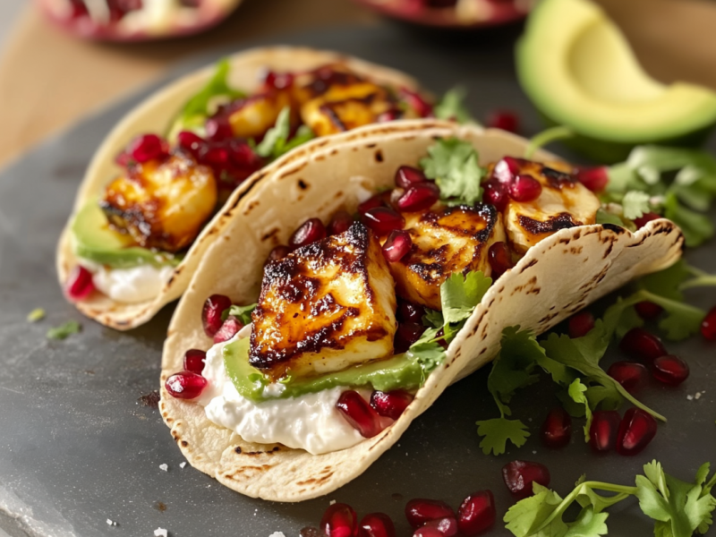 Zwei Halloumi-Tacos liegen auf einer grauen Platte. Daneben liegen einige Granatapfelkerne und frische Kräuter. Im Hintergrund liegt eine aufgeschnittene Avocado und ein aufgeschnittener Granatapfel.