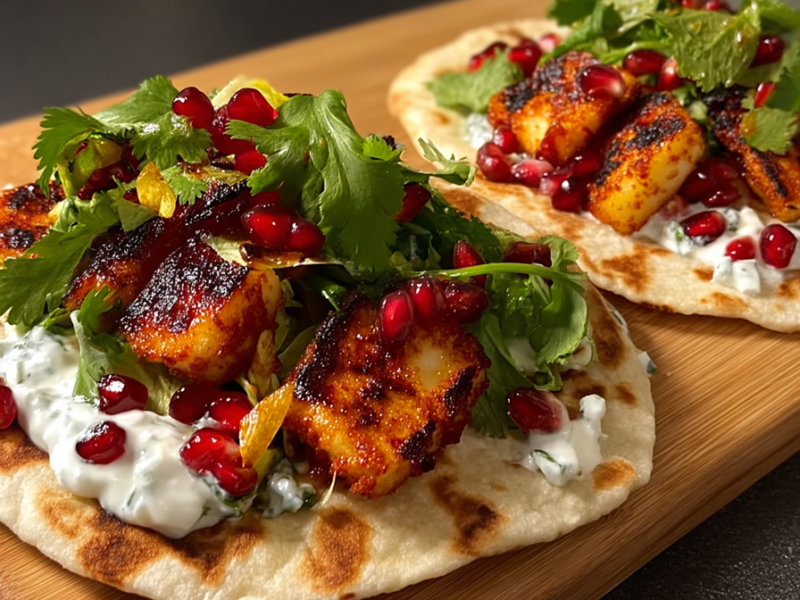Zwei Halloumi-Tacos mit Hot Honey, die auf einem Holzbrett liegen.