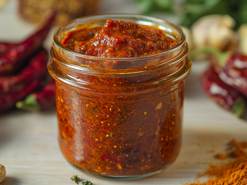 Harissa selbst machen: ein Glas selbstgemachtes Harissa neben den Zutaten.