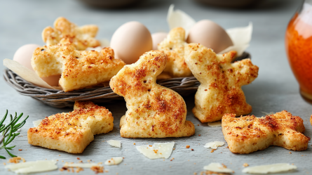 Ein paar herzhafte Hasenkekse, die auf einer hellen Arbeitsfläche liegen. Einige liegen in einem geflochtenen Korb mit ein paar Eiern. Außerdem liegen ein paar Parmesan-Flakes, Paprikapulver und ein Zweig frischer Rosmarin herum.