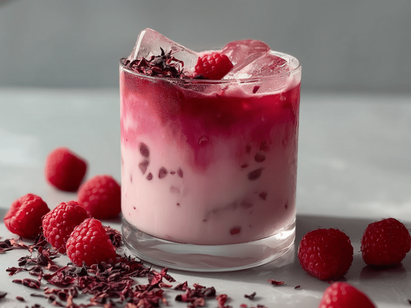 Ein Glas mit Himbeer Hibskus Iced Latte. Ringsum liegen einige einzelne Himbeeren und getrocknete Hibiskusblüten herum.