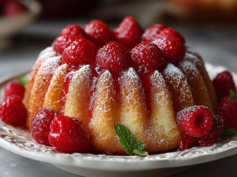 Ein Vanille-Himbeer-Gugelhupf mit frischen Himbeeren und Puderzucker.