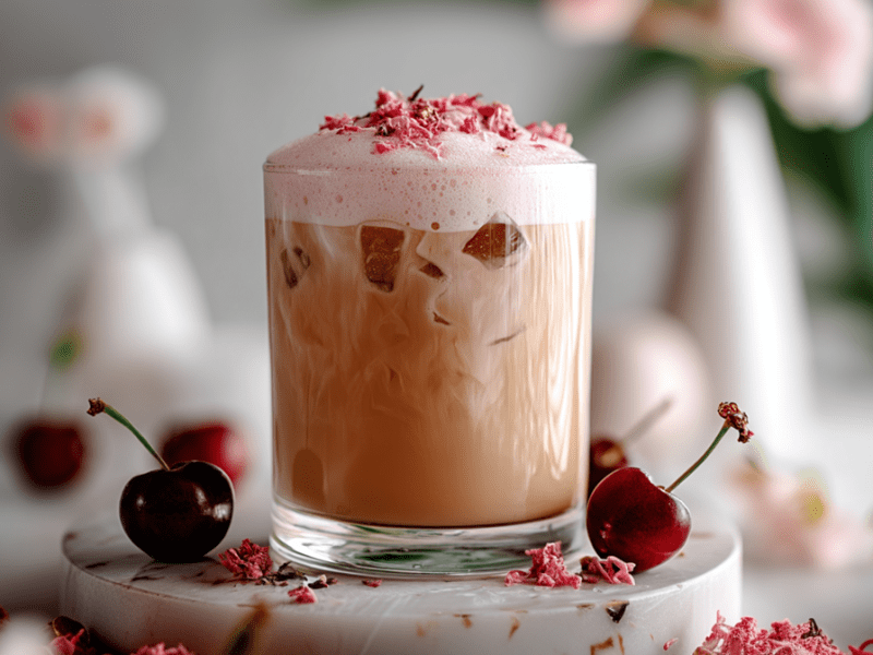 Ein Glas Iced Cherry Chai Latte, der mit einem kalten pinken Kirschmilchschaum getoppt und mit geraspelten gefrorenen Kirschen garniert ist. Das Glas steht auf einem Marmoruntersetzer. Außerdem liegen einzelne Kirschen herum. Im Hintergrund kann man Kirschblüten sehen.