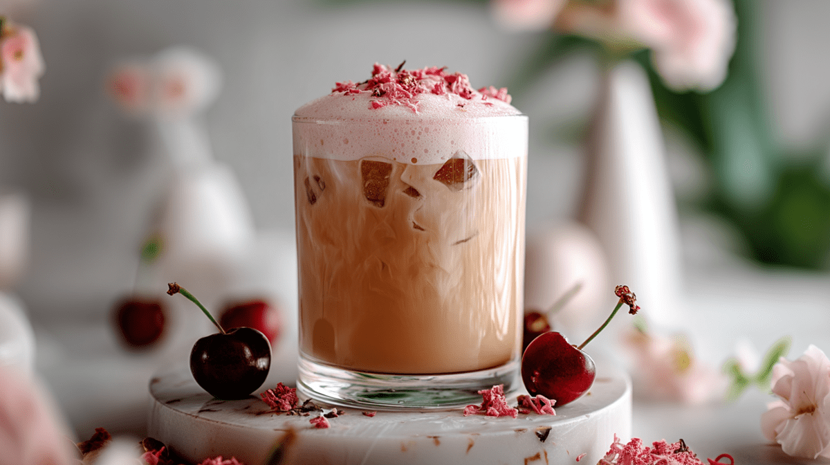 Ein Glas Iced Cherry Chai Latte, der mit einem kalten pinken Kirschmilchschaum getoppt und mit geraspelten gefrorenen Kirschen garniert ist. Das Glas steht auf einem Marmoruntersetzer. Außerdem liegen einzelne Kirschen herum. Im Hintergrund kann man Kirschblüten sehen.