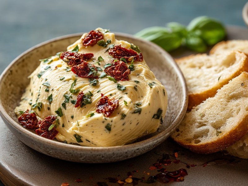 Schale mit Italienische Tomaten-Basilikum-Butter und helle Brotscheiben daneben