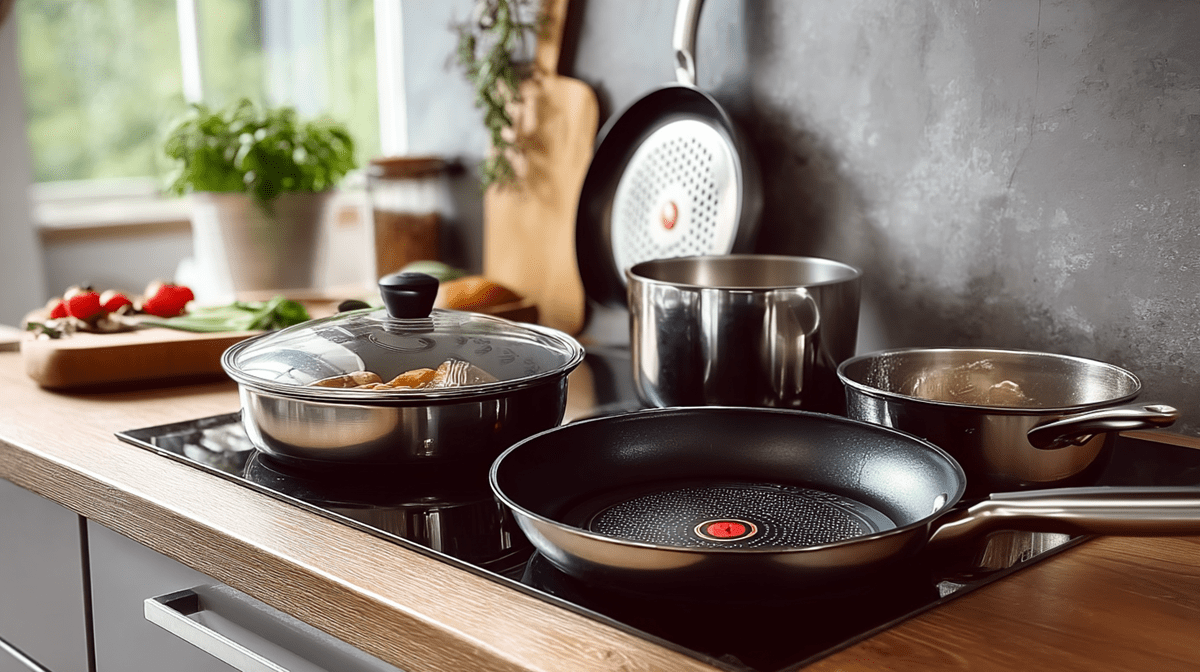 Ein Ausschnitt einer modernen Küche. Auf dem Herd steht verschiedenes Kochgeschirr. Unter anderem eine Tefal-Pfanne aus Edelstahl. Außerdem sind im Hintergrund Zutaten, Schneidebretter, Kräutertöpfe und weiteres Küchenumfeld zu sehen.