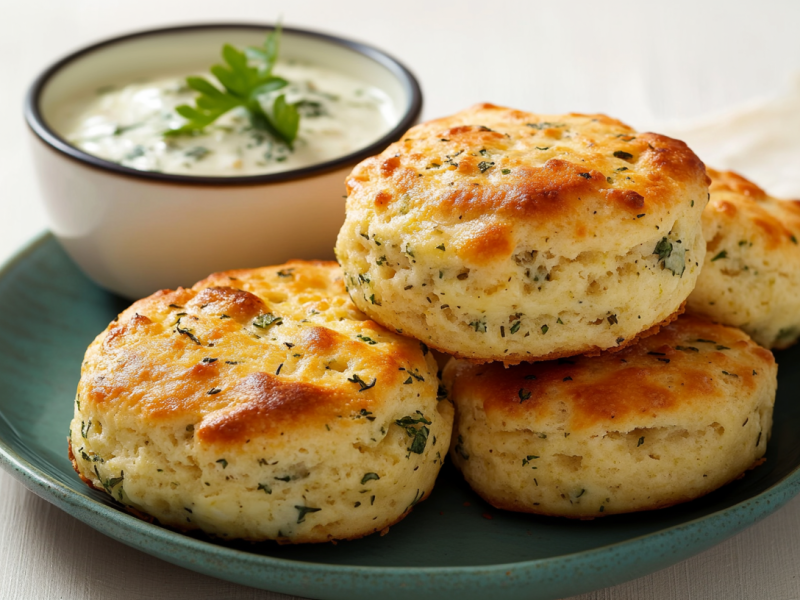 Vier Käse-Kräuter-Scones liegen auf einem blaugrauen Teller. Dahinter steht eine Schale mit passendem Dip.