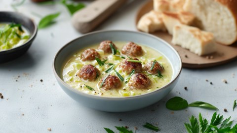 Käse-Lauch-Suppe mit Hackbällchen in einer Schüssel.