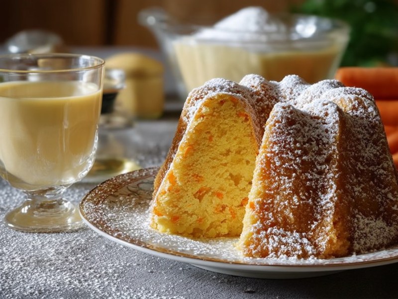 Ein angeschnittener Karotten-Eierlikör-Gugelhupf mit einem Glas Eierlikör daneben