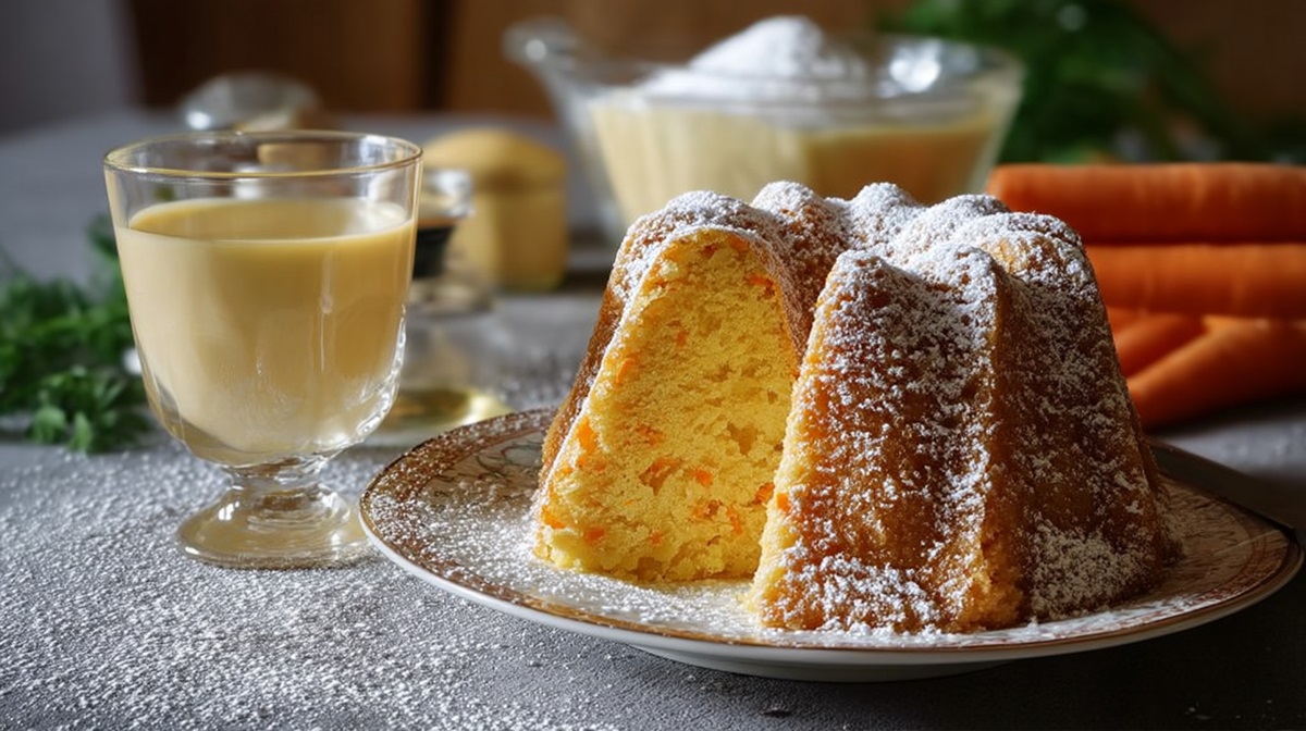 Ein angeschnittener Karotten-Eierlikör-Gugelhupf mit einem Glas Eierlikör daneben