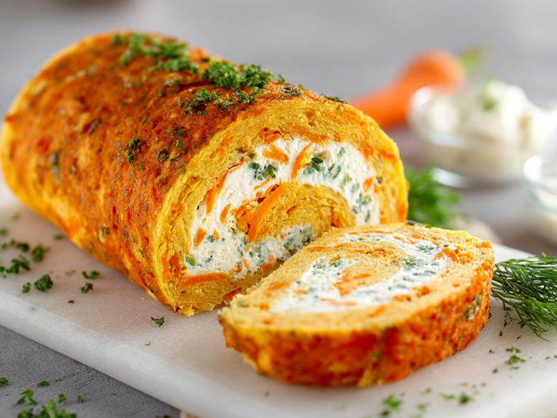 Eine Karotten-Frischkäse-Rolle, die mit frischen gehackten Kräutern garniert ist und auf einem weißen Brett liegt. Im Hintergrund kann man eine kleine Glasschale mit etwas Frischkäse und eine Karotte erkennen.