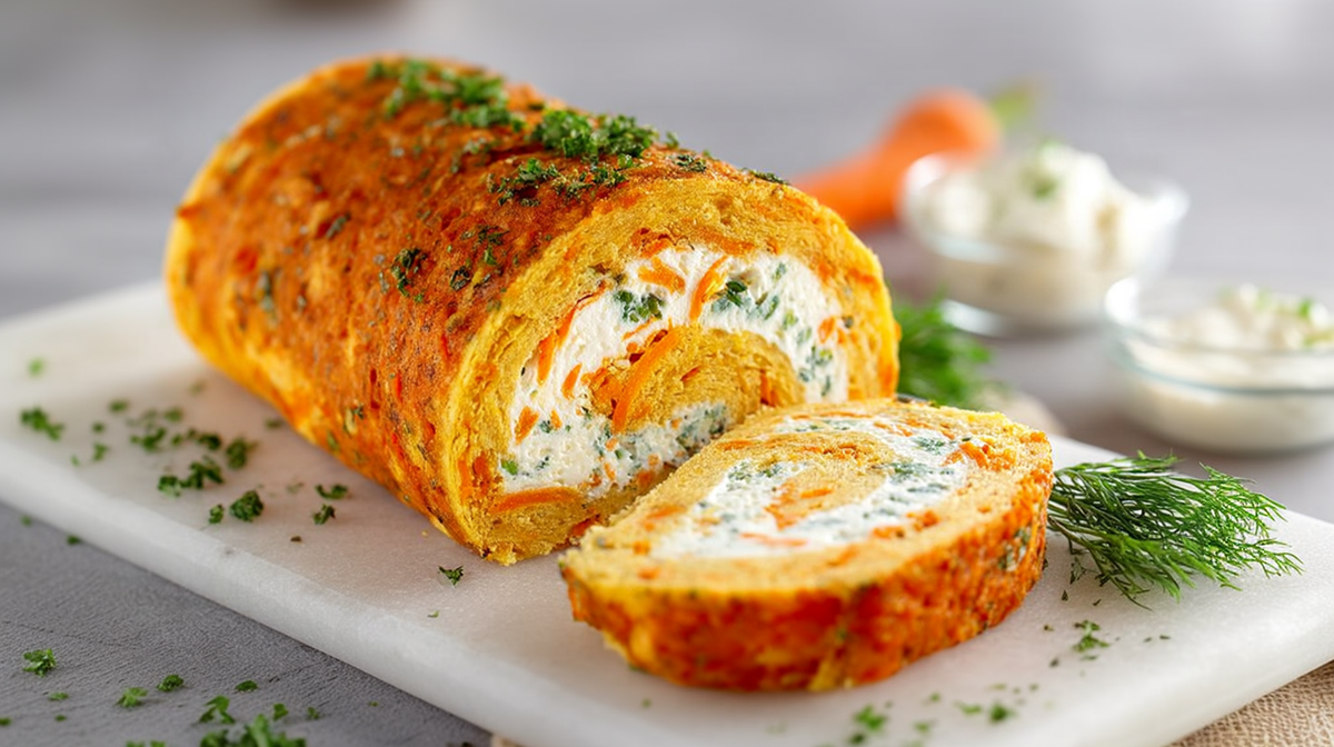 Eine Karotten-Frischkäse-Rolle, die mit frischen gehackten Kräutern garniert ist und auf einem weißen Brett liegt. Im Hintergrund kann man eine kleine Glasschale mit etwas Frischkäse und eine Karotte erkennen.