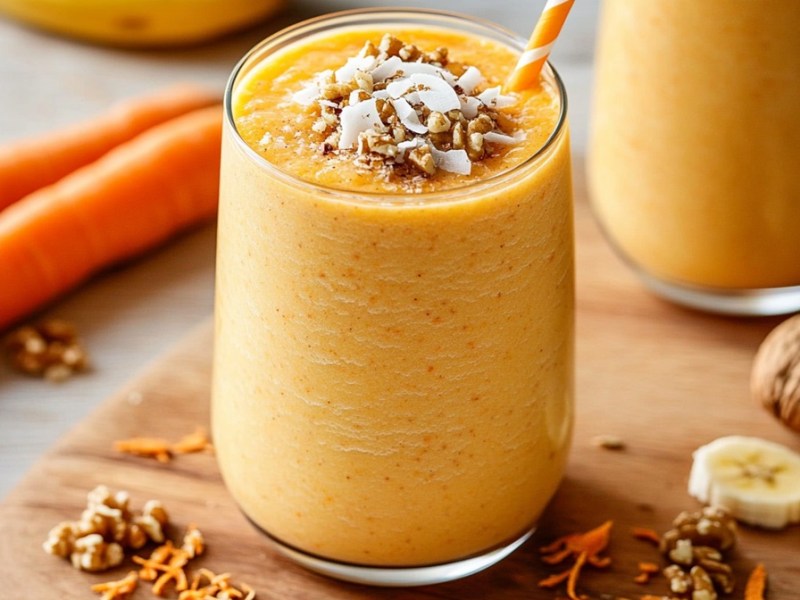 Zwei Gläser Karotten-Kokos-Smoothie auf einem Tisch