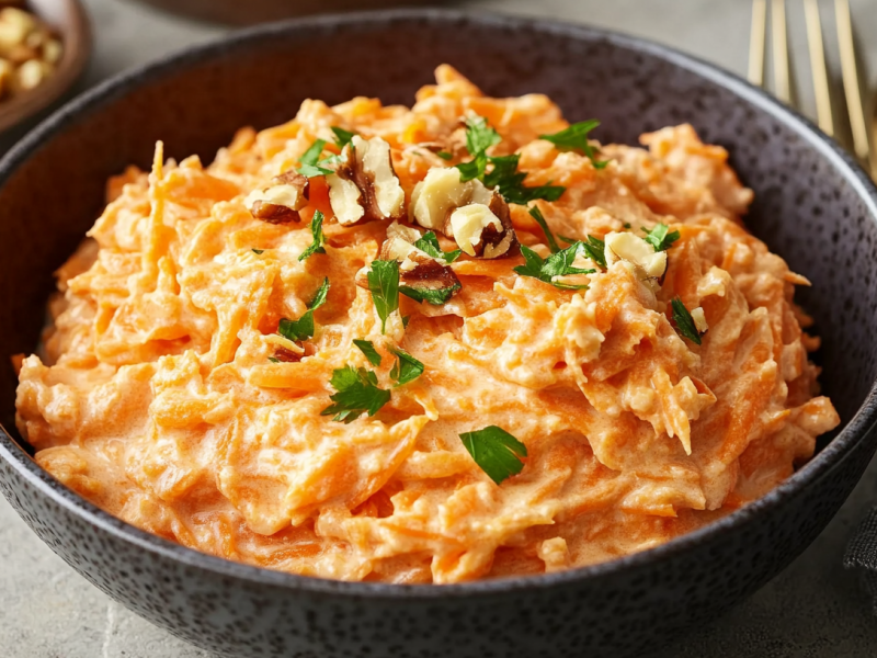 Karottensalat mit Sahne in einer dunklen Schüssel.