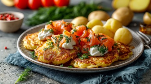 Ein Teller Kartoffelpuffer mit Lachs und Quark sowie einigen Kartoffeln. Im Hintergrund unscharf einige Zutaten.