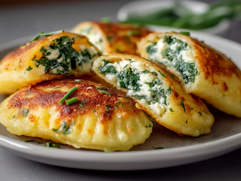 Einige Kartoffeltaschen mit Frischkäse-Spinatfüllung liegen auf einem grauen Teller. Sie sind aufgeschnitten und geben den Blick auf die Füllung frei.