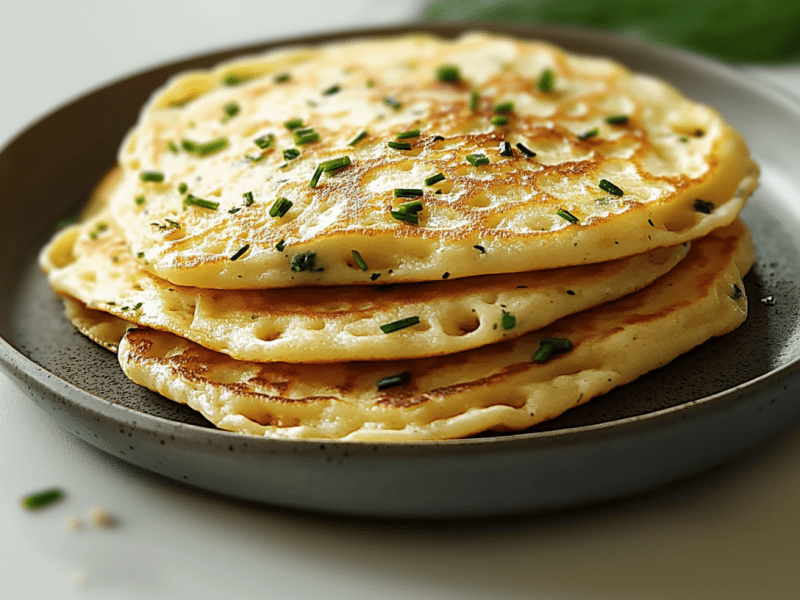 Drei Käse-Schnittlauch-Pfannkuchen liegen auf einem Teller. Um sie herum verteilt liegt noch etwas Schnittlauch.