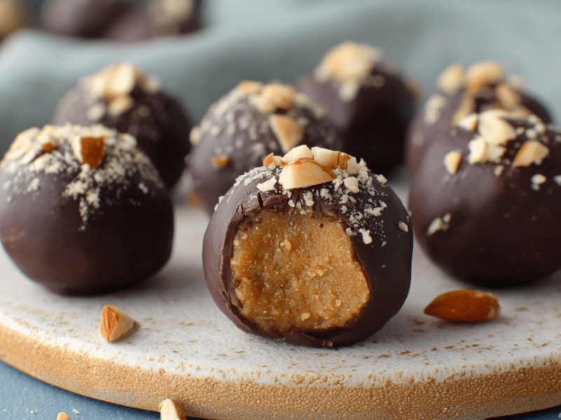 Mehrere Kichererbsen-Energyballs liegen auf einem runden Brett. Die vorderste Kugel ist aufgeschnitten und gibt den Blick auf die Füllung frei.