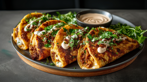 Ein Tablett mit einigen knusprigen Bohnen-Käse-Tacos, die mit etwas Chipotle-Mayo und frischen gehacktem Koriander garniert sind. Außerdem ist eine Schale auf dem Tablett zu sehen mit etwas mehr Chipotle-Mayo.